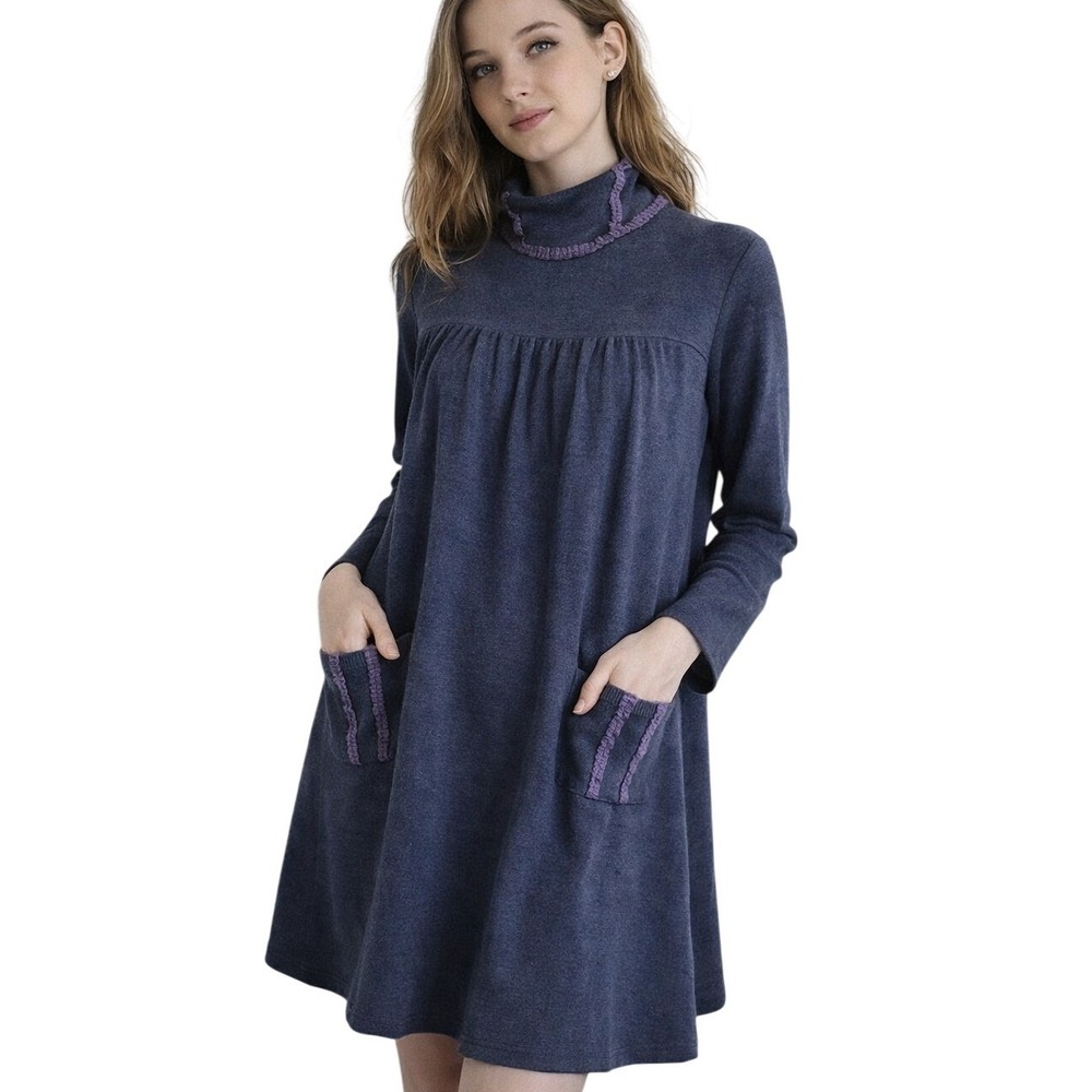 APRIL CORNELL VINTAGE Blue Turtleneck Dress Wool Blend Cottagecore S